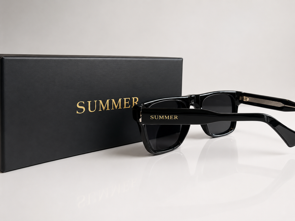 La monture SUMMER, verres polarisés, avec son coffret et sa pochette.